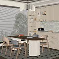 Modern Restaurant Interior With Open Kitchen White Cabinets Round Dining Table And Geometric Rug 3d model
