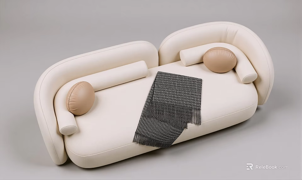Modern White Multi Person Sofa With Beige Round Pillows And Black Woven Throw 3d model 