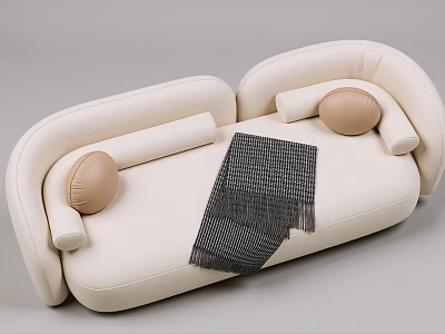 Modern White Multi Person Sofa With Beige Round Pillows And Black Woven Throw 3d model