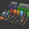 Various Colored Recycling Bins And Household Waste Sorting Items Including Plastics And Food Scraps