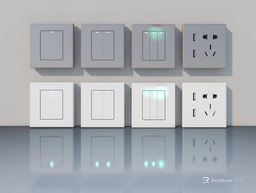 Modern White And Gray Wall Mounted Electrical Switch And Socket Panels 3d model 