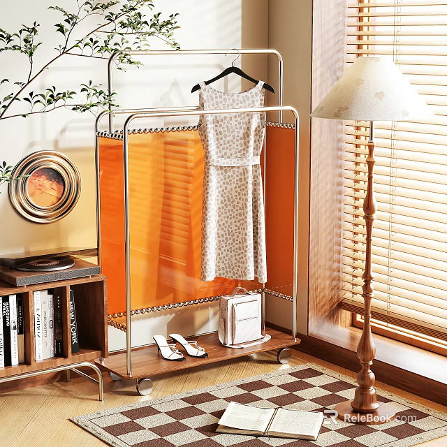 Metal Clothes Rack With Orange Dust Cover And Dress Hanging White Shoes Bag On Shelf 3d model 