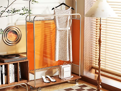 Metal Clothes Rack With Orange Dust Cover And Dress Hanging White Shoes Bag On Shelf 3d model