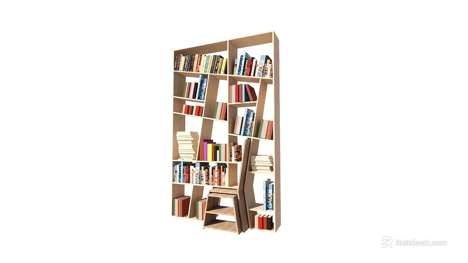Modern Bookcase Design With Multiple Shelves And Various Sized Compartments Filled With Books 3d model 