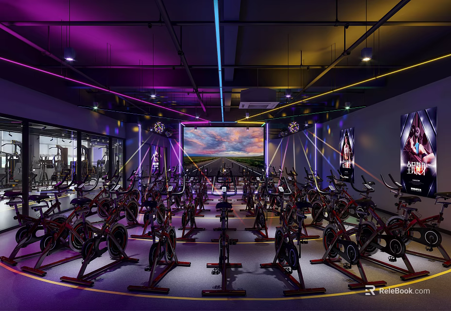Modern Indoor Cycling Fitness Studio With Vibrant Lighting And Large Screen 3d model 