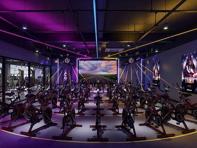 Modern Indoor Cycling Fitness Studio With Vibrant Lighting And Large Screen 3d model