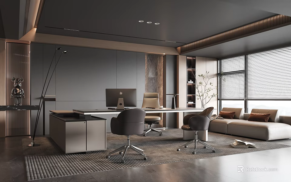 Modern Office Interior With Desk Computer Ergonomic Chairs Sofa And Plants 3d model