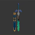 Blue Fantasy Sword With Golden Accents Scabbard And Glowing Green Blade
