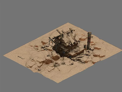 Ruined Architectural Components With Collapsed Structures And Remaining Pillar On Sandy Ground 3d model