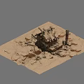 Ruined Architectural Components With Collapsed Structures And Remaining Pillar On Sandy Ground