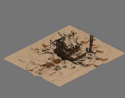 Ruined Architectural Components With Collapsed Structures And Remaining Pillar On Sandy Ground 3d model