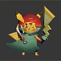 Cartoon Game Animation Character With Red Yellow Horned Helmet Swirl Patterned Eyes Lightning Blade Weapons