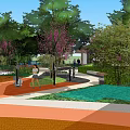 Waterfront Landscape with Wooden Walkway Curved Railings Lush Trees and Flowering Plants