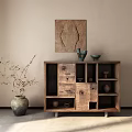Wooden Entryway Cabinet Sideboard with Compartments Drawers Decorative Painting Ceramic Jars Bowls Vases Dried Branches