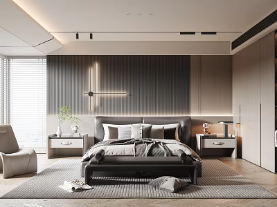 Modern Bedroom Interior Design With Striped Accent Wall Bed Nightstands And Accent Chair 3d model