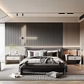 Modern Bedroom Interior Design With Striped Accent Wall Bed Nightstands And Accent Chair