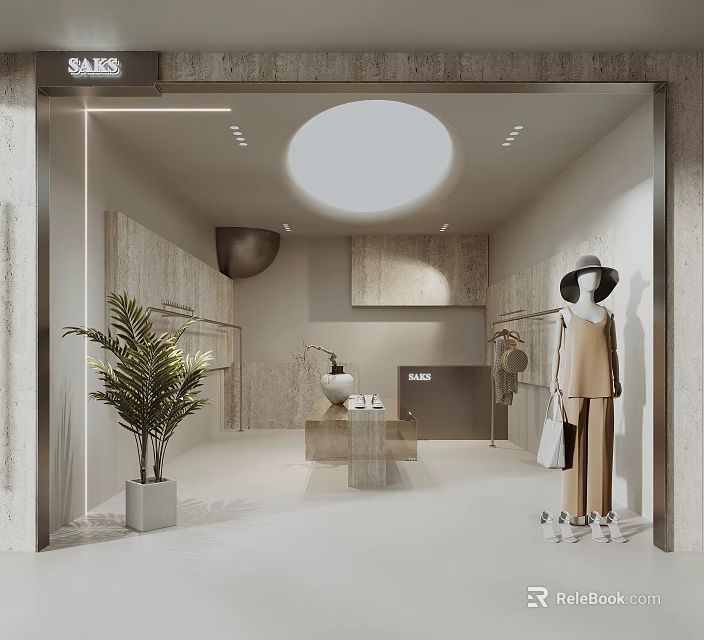 Modern Clothing Store Interior Design With Dressed Mannequins Clothing Racks And Round Ceiling Light 3d model 