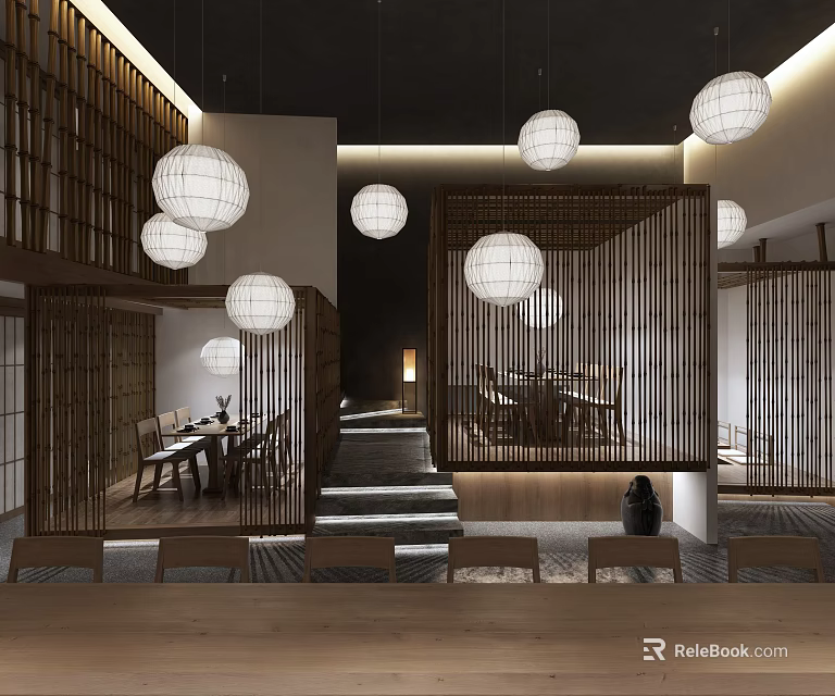 Japanese Restaurant Interior Design With Wooden Partitions Round Pendant Lights And Open Space 3d model 