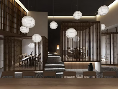 Japanese Restaurant Interior Design With Wooden Partitions Round Pendant Lights And Open Space 3d model