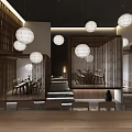 Japanese Restaurant Interior Design With Wooden Partitions Round Pendant Lights And Open Space