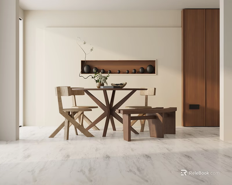 Modern Wooden Dining Table Set With Chairs Bench And Minimalist Wall Shelf Decor 3d model 