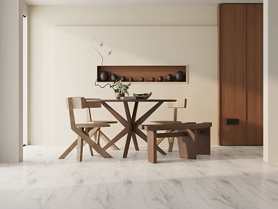 Modern Wooden Dining Table Set With Chairs Bench And Minimalist Wall Shelf Decor 3d model