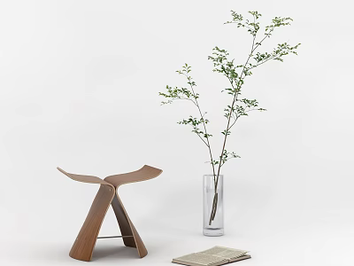Modern Wooden Stool With Glass Vase Green Plant And Stacked Magazines 3d model