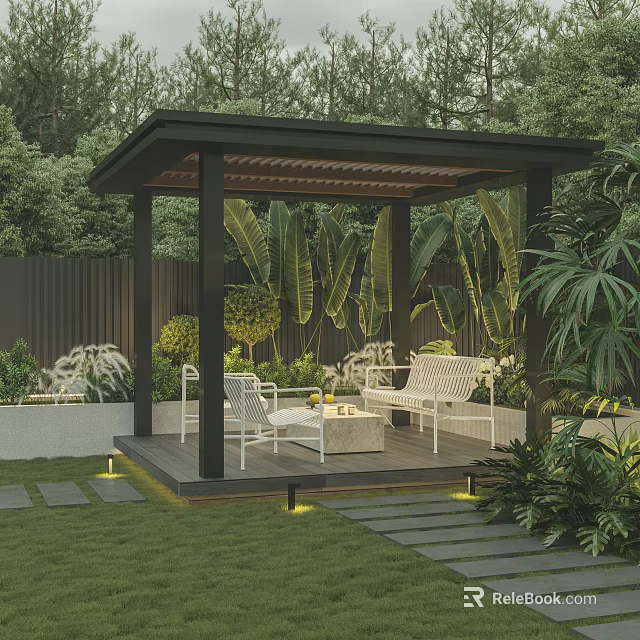 Serene Garden Pergola With White Furniture Lush Greenery Grass Lawn And Stone Pathway Lighting 3d model 