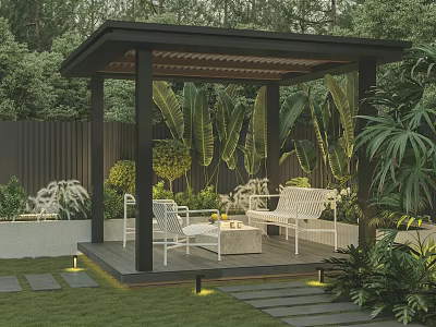 Serene Garden Pergola With White Furniture Lush Greenery Grass Lawn And Stone Pathway Lighting 3d model