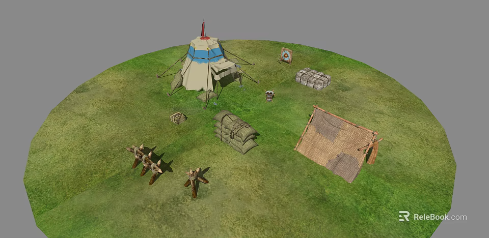 Cartoon Scene with Green Grass Blue White Tent Red Top Wooden Crate and Windmill Objects 3d model 