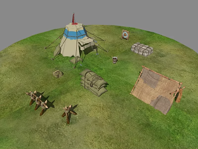 Cartoon Scene with Green Grass Blue White Tent Red Top Wooden Crate and Windmill Objects 3d model