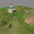 Cartoon Scene with Green Grass Blue White Tent Red Top Wooden Crate and Windmill Objects