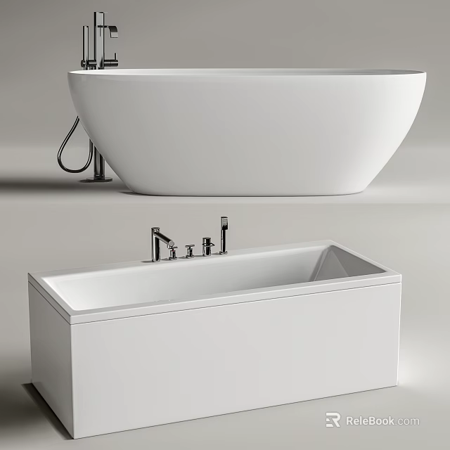 Modern Round Freestanding And Rectangular Built in Bathtubs With Chrome Faucets 3d model 