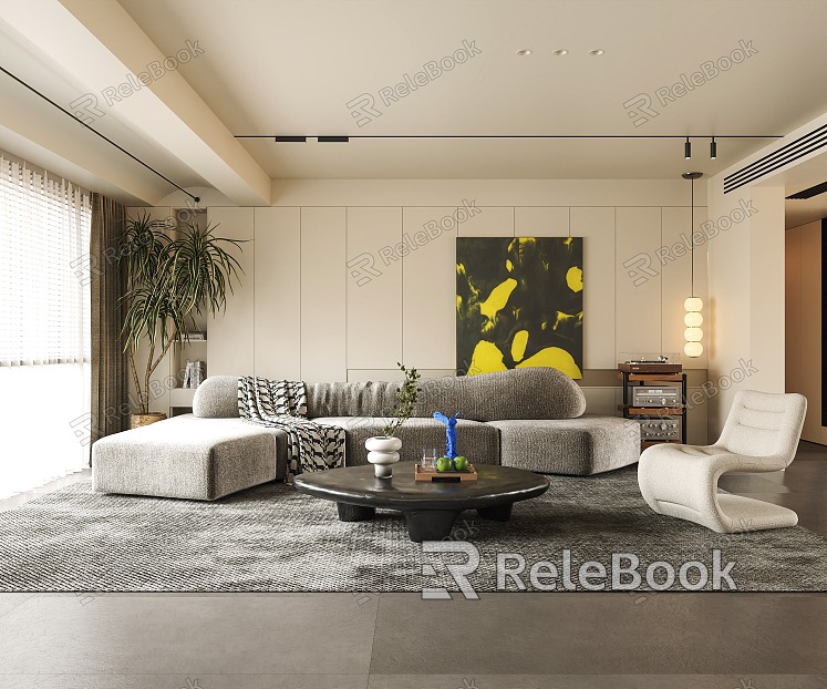 Modern Living Room Sofa Coffee Table Combination Picture Leisure Chair Sofa Background Wall Green Planting model