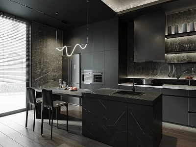 Black Modern Kitchen Interior With Marble Island Countertop Cabinets Pendant Light And Chairs 3d model