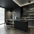 Black Modern Kitchen Interior With Marble Island Countertop Cabinets Pendant Light And Chairs