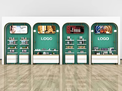 Modern Arched Display Shelves With Green Striped Backdrop Multiple Layers Product Display And Bottom Drawers 3d model