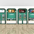 Modern Arched Display Shelves With Green Striped Backdrop Multiple Layers Product Display And Bottom Drawers