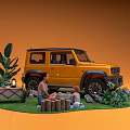 Family Enjoying Camping Picnic With Yellow SUV And Outdoor Nature Setup