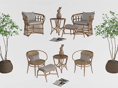 Cozy Rattan Table and Chair Set with Cushions Decorative Items and Green Plants 3d model
