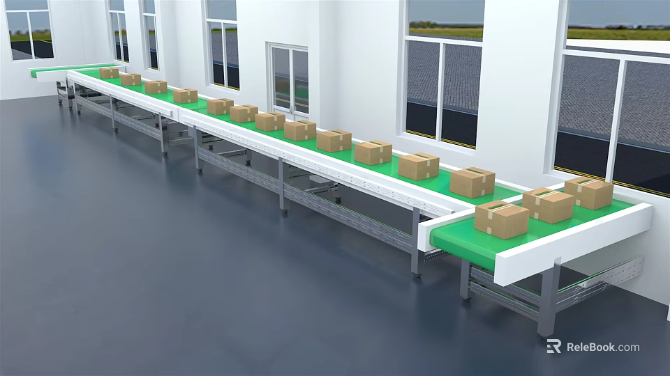 Conveyor Belt System With Brown Cardboard Boxes In Bright White Warehouse 3d model 