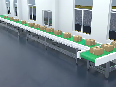 Conveyor Belt System With Brown Cardboard Boxes In Bright White Warehouse 3d model