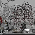 Snow Covered Shrubs in Winter Landscape with Snowmen Red Berry Branches and Pathway
