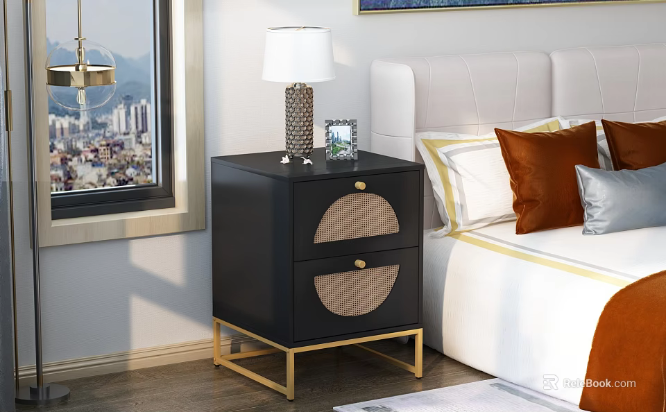 Black Nightstand With Two Rattan Drawers Gold Metal Legs Table Lamp Photo Frame In Bedroom 3d model 