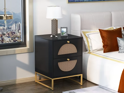 Black Nightstand With Two Rattan Drawers Gold Metal Legs Table Lamp Photo Frame In Bedroom 3d model