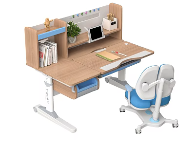 Modern Home Office Desk With Built in Bookshelf Laptop Potted Plant And Ergonomic Chair 3d model