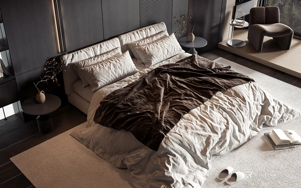 Elegant Modern Double Bed Interior With Brown White Duvet Side Tables And Slippers 3d model 