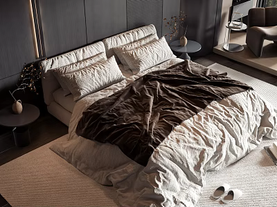 Elegant Modern Double Bed Interior With Brown White Duvet Side Tables And Slippers 3d model