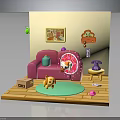 Cute Indoor Scene With Pink Sofa Green Rug Yellow Puppy Toy And Wall Decor