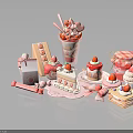 Assorted Pink Sweet Desserts With Strawberry Cake Ice Cream And Candy Decorations